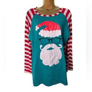 DREAGAL Christmas Santa Face Raglan Tee Striped Long Sleeve Graphic Green 3XL